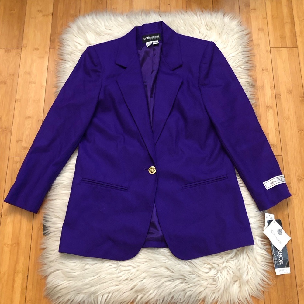 Sag Habor 100% Pure Wool One Gold Button Classic Purple Blazer Jacket size 6 NWT